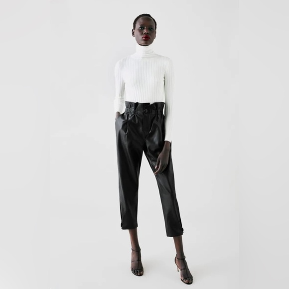 Zara Faux Leather Paper Bag Waist,  Cropped Cuffed Pant, Black, Size XS - Picture 2 of 15